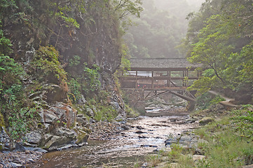 Image showing Wooden Bridge in the forest Guilin mountains, China