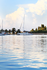 Image showing White yachts on an anchor in harbor 