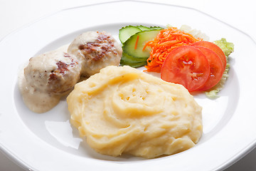 Image showing meat cutlet with mashed potatoes and fresh salad