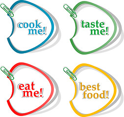 Image showing Eat me, taste me, cook me and best food stickers. Vector set