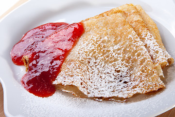 Image showing pancakes with strawberry jam 