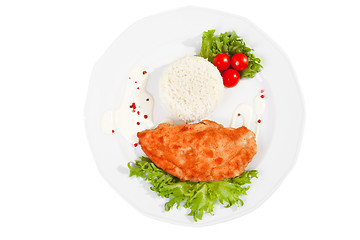 Image showing  meat with mixed leaf salad an rice on isolated white