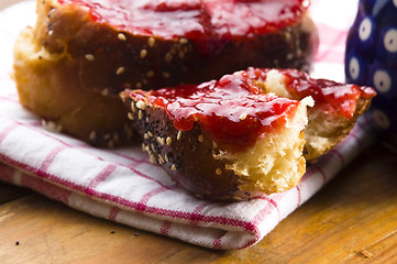 Image showing Sweet bread ( challah ) with strawberry jam