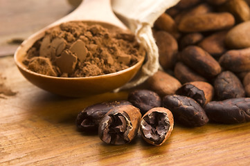 Image showing Cocoa (cacao) beans on natural wooden table