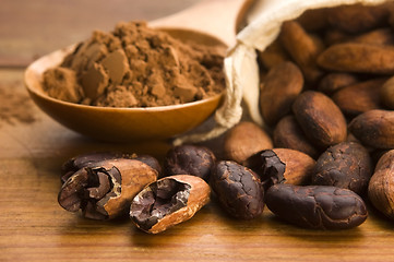 Image showing Cocoa (cacao) beans on natural wooden table