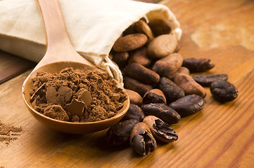 Image showing Cocoa (cacao) beans on natural wooden table