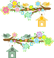 Image showing Family of birds sitting on a branch with birdhouses