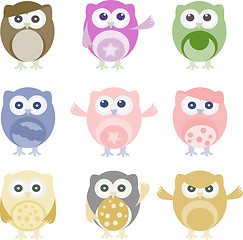 Image showing Set of nine cartoon owls with various emotions