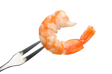 Image showing peeled shrimp on a fork