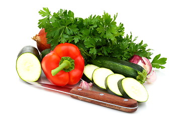 Image showing Fresh vegetables, parsley and knife. 