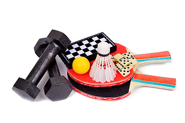 Image showing Tennis, badminton, dominoes, chess, dumbbells