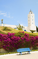 Image showing Tunisia Africa Sidi Bou Said mosque with flower garden