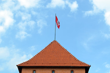 Image showing Trakai castle tower and flag flying on top 