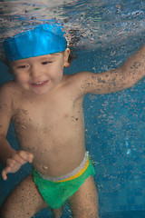 Image showing Happy toddler jumping in the pool