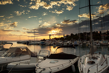 Image showing Cruise boats in Adriatic sea with sunset light