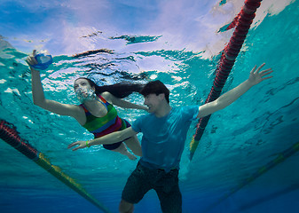 Image showing Couple swimming in the pool and laughing