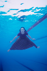 Image showing Woman swimming in the pool in  clothes