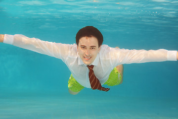 Image showing Business man swimming underwater in the pool