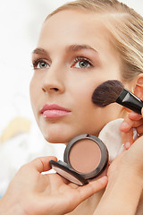 Image showing Makeup artist apply blush on cheeks