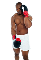 Image showing Male boxer in a defensive stance