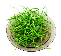 Image showing Fresh garlic scapes on plate