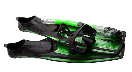 Image showing Mask, snorkel and flippers with water drops
