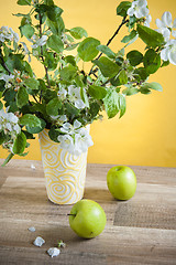 Image showing Beautiful ripe apples and branches of a blossoming apple-tree in