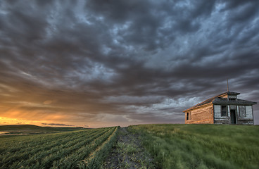 Image showing Old School house and sunset