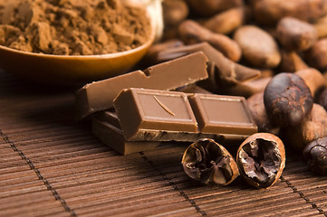 Image showing Cocoa (cacao) beans with chocolate