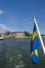 Image showing Vaxholm fortress and Swedish flag, Stockholm archipelago, Sweden