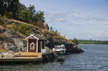 Image showing Swedish red cottage on a small island