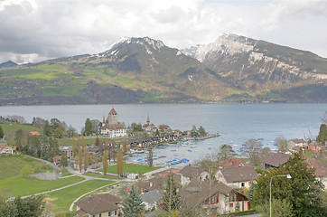 Image showing Spiez town with the castle on lake Thun (Jungfrau region, canton