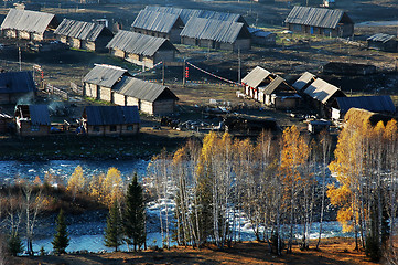 Image showing Village with golden trees in autumn