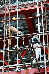 Image showing Two builders on a steel scaffold