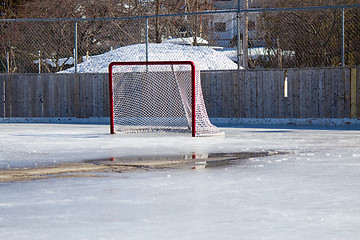 Image showing Ice hockey net on melting ice