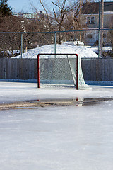 Image showing Ice hockey net on melting ice