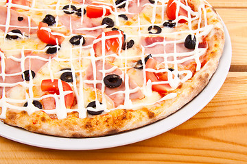 Image showing tasty Pizza with olives and tomatos