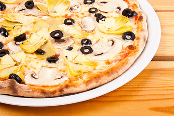 Image showing Pizza with olives and mushrooms