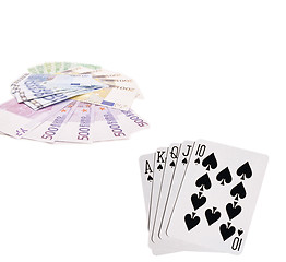 Image showing Playing cards and money on white