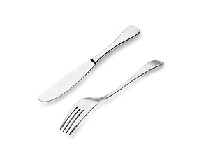 Image showing Close up abstract of a silver knife and fork on a white