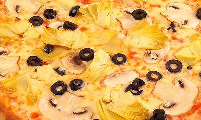 Image showing Pizza with olives and mushrooms backfround