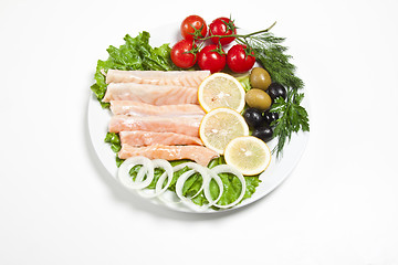 Image showing raw red fish on white plate