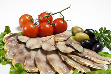 Image showing slices smoked fish served with tomato and olive