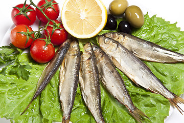 Image showing smoked fish served with tomato fennel and olive