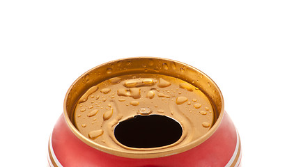 Image showing Red aluminum can closeup with water drops