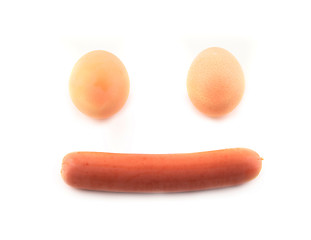 Image showing Sausage and eggs in happy breakfast