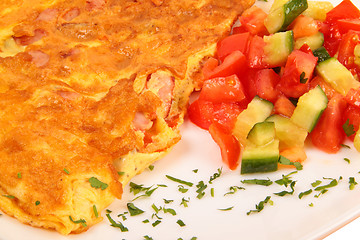Image showing Bacon omelet with vegetables close up