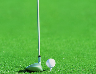 Image showing Golf ball behind driver at driving range