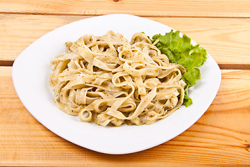 Image showing Tagliatelle pasta with pesto on white plate