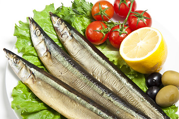 Image showing Smoked sprat-appetizing snack on white